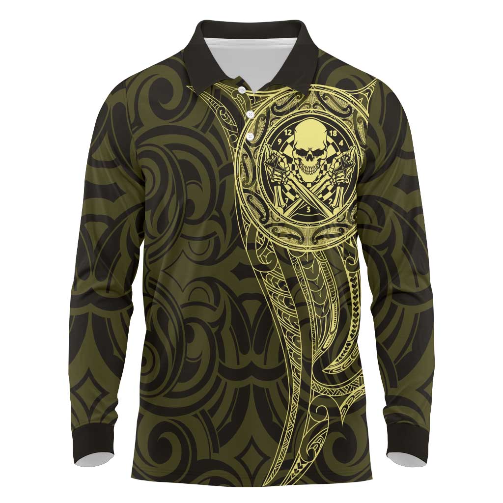 New Zealand Skull Darts Long Sleeve Polo Shirt Aotearoa Maori Chest Tattoo Stylized Gold - Aussie Hoodie