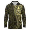 New Zealand Skull Darts Long Sleeve Polo Shirt Aotearoa Maori Chest Tattoo Stylized Gold - Aussie Hoodie