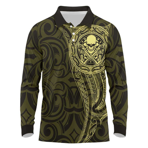 New Zealand Skull Darts Long Sleeve Polo Shirt Aotearoa Maori Chest Tattoo Stylized Gold - Aussie Hoodie
