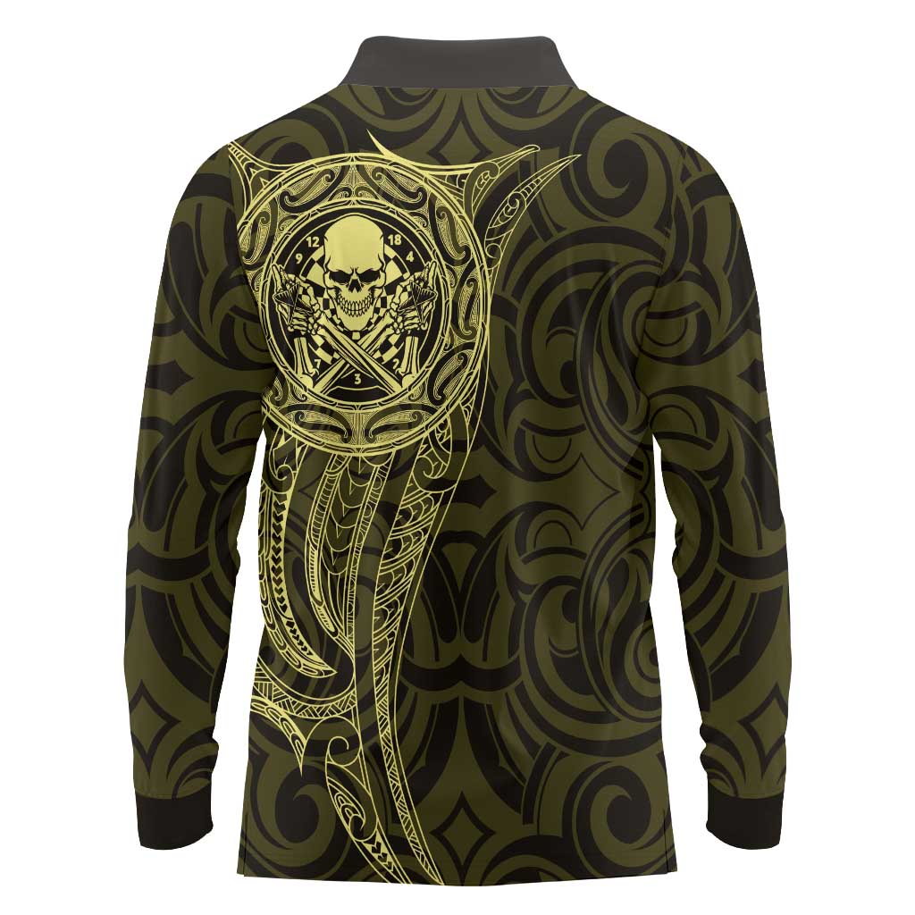 New Zealand Skull Darts Long Sleeve Polo Shirt Aotearoa Maori Chest Tattoo Stylized Gold - Aussie Hoodie