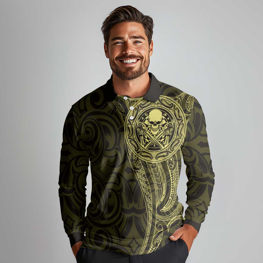 New Zealand Skull Darts Long Sleeve Polo Shirt Aotearoa Maori Chest Tattoo Stylized Gold - Aussie Hoodie