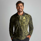 New Zealand Skull Darts Long Sleeve Polo Shirt Aotearoa Maori Chest Tattoo Stylized Gold - Aussie Hoodie