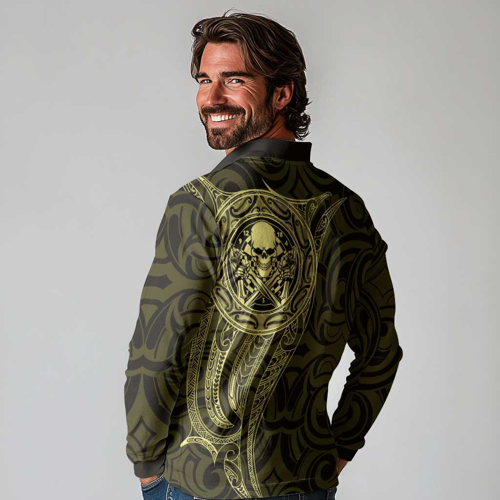 New Zealand Skull Darts Long Sleeve Polo Shirt Aotearoa Maori Chest Tattoo Stylized Gold - Aussie Hoodie