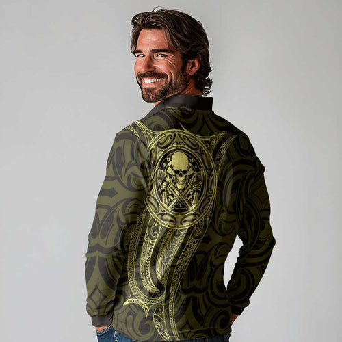 New Zealand Skull Darts Long Sleeve Polo Shirt Aotearoa Maori Chest Tattoo Stylized Gold - Aussie Hoodie