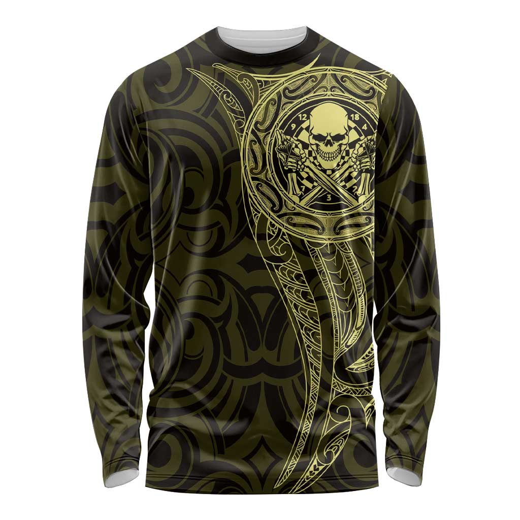 New Zealand Skull Darts Long Sleeve Shirt Aotearoa Maori Chest Tattoo Stylized Gold - Aussie Hoodie