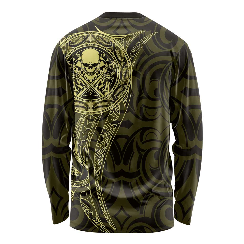 New Zealand Skull Darts Long Sleeve Shirt Aotearoa Maori Chest Tattoo Stylized Gold - Aussie Hoodie