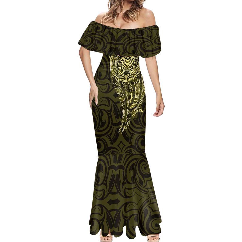 New Zealand Skull Darts Mermaid Dress Aotearoa Maori Chest Tattoo Stylized Gold - Aussie Hoodie