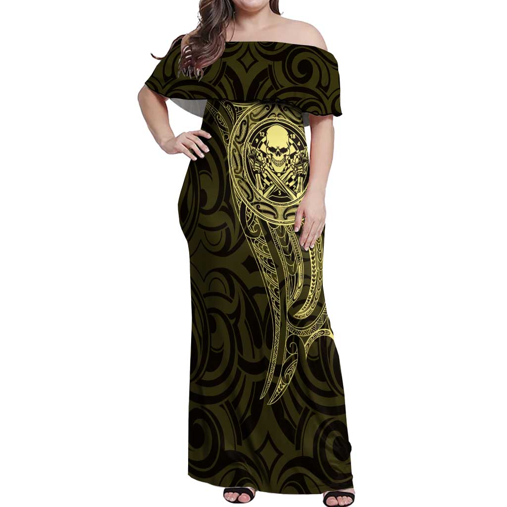 New Zealand Skull Darts Off Shoulder Maxi Dress Aotearoa Maori Chest Tattoo Stylized Gold - Aussie Hoodie