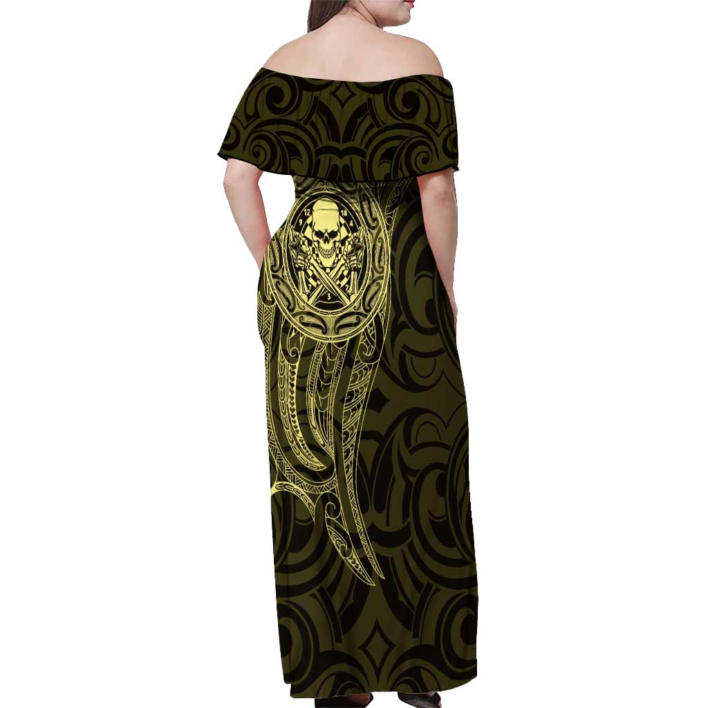 New Zealand Skull Darts Off Shoulder Maxi Dress Aotearoa Maori Chest Tattoo Stylized Gold - Aussie Hoodie