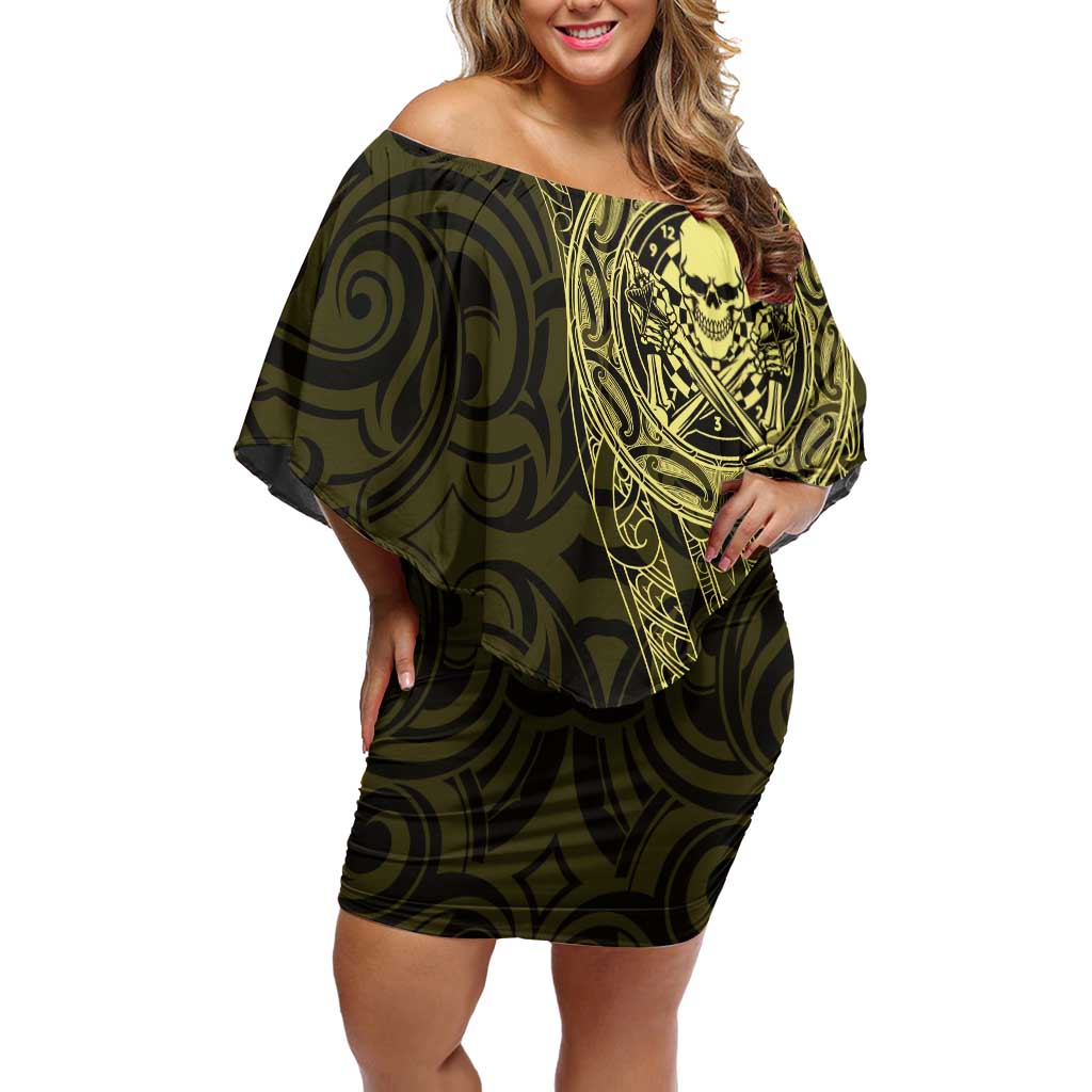 New Zealand Skull Darts Off Shoulder Short Dress Aotearoa Maori Chest Tattoo Stylized Gold - Aussie Hoodie