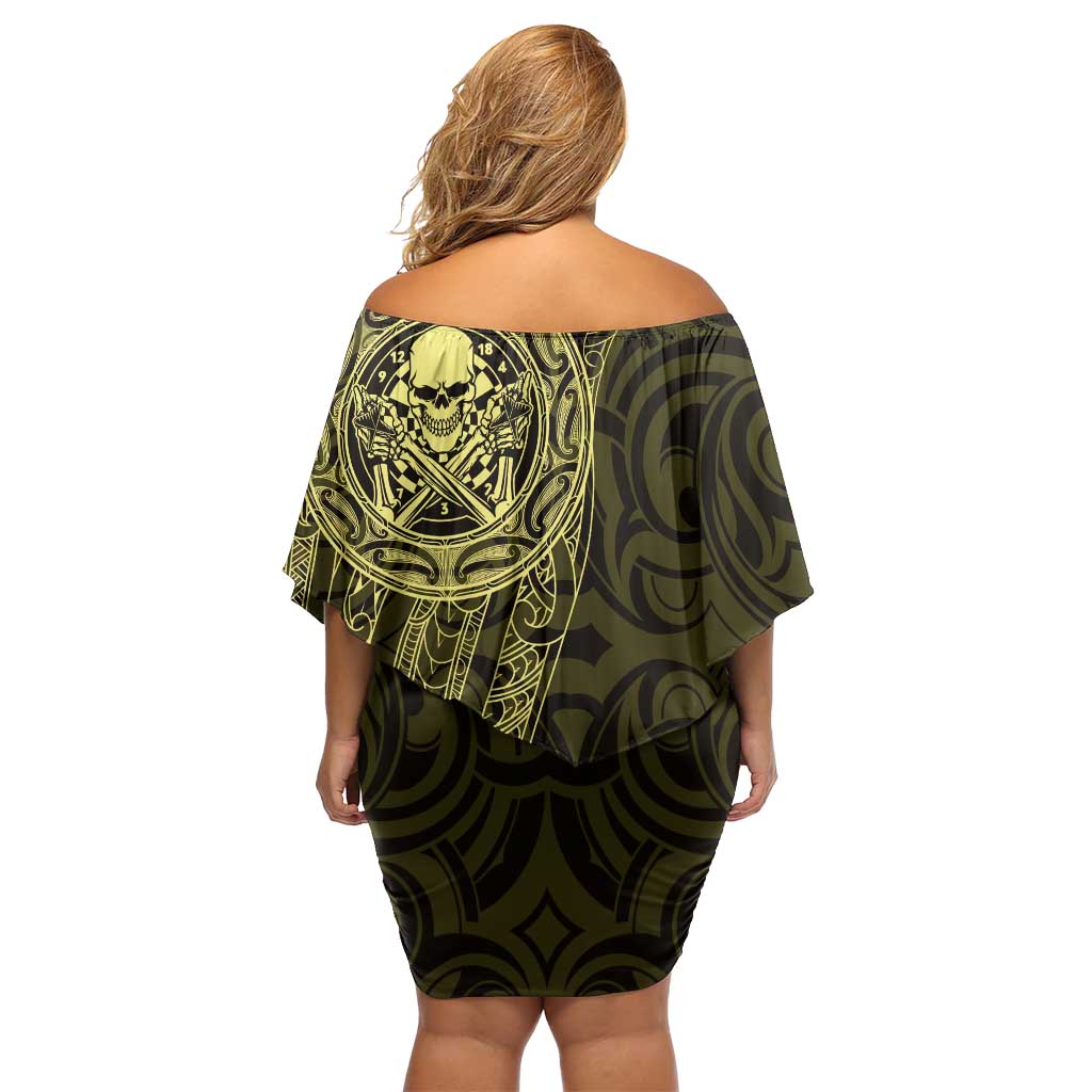 New Zealand Skull Darts Off Shoulder Short Dress Aotearoa Maori Chest Tattoo Stylized Gold - Aussie Hoodie