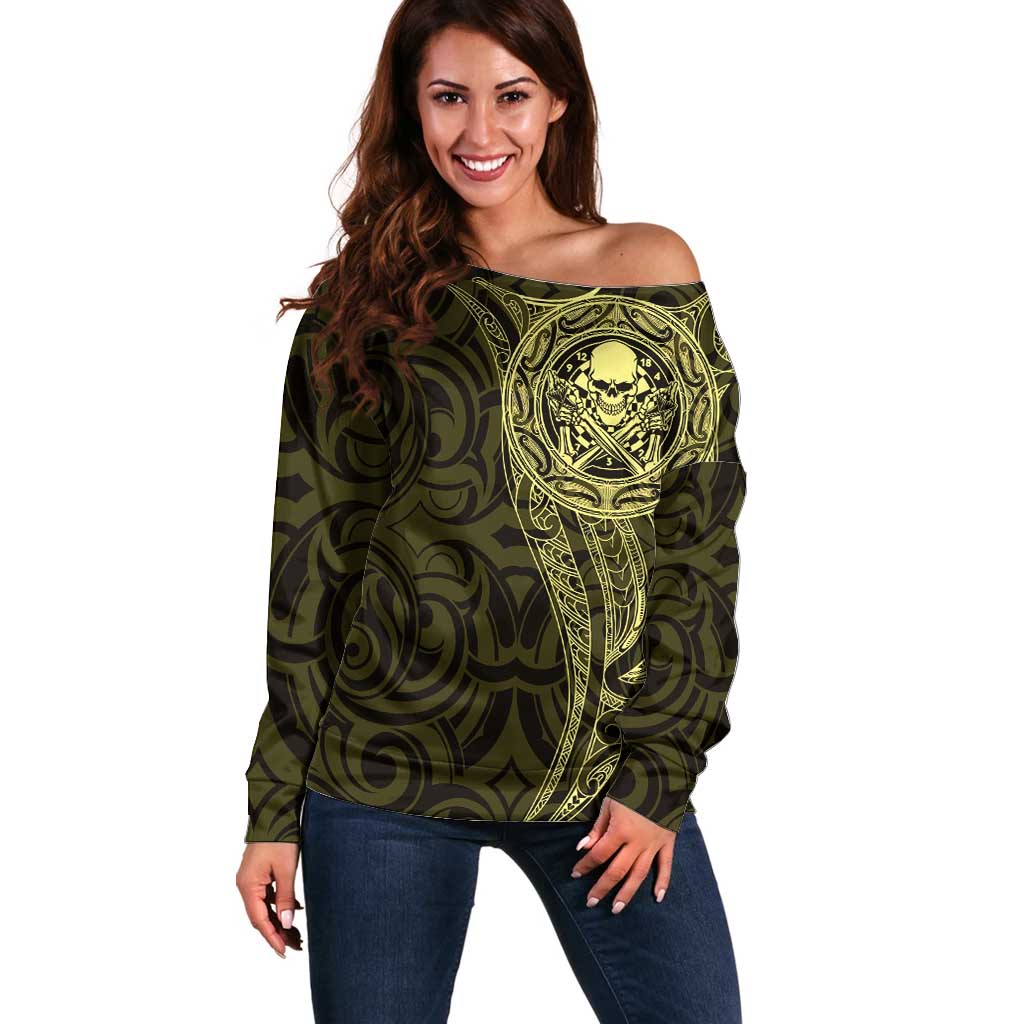 New Zealand Skull Darts Off Shoulder Sweater Aotearoa Maori Chest Tattoo Stylized Gold - Aussie Hoodie