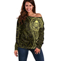 New Zealand Skull Darts Off Shoulder Sweater Aotearoa Maori Chest Tattoo Stylized Gold - Aussie Hoodie