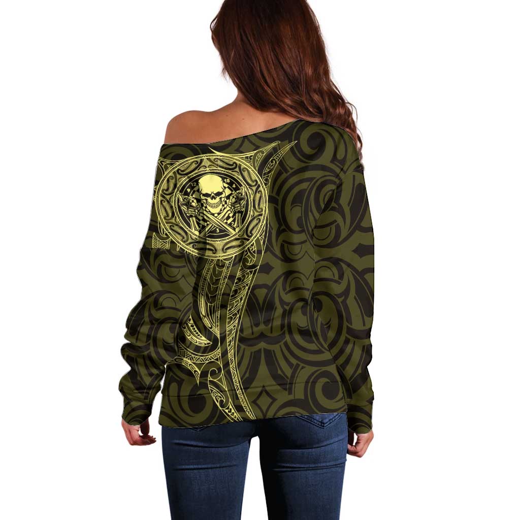 New Zealand Skull Darts Off Shoulder Sweater Aotearoa Maori Chest Tattoo Stylized Gold - Aussie Hoodie