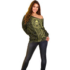 New Zealand Skull Darts Off Shoulder Sweater Aotearoa Maori Chest Tattoo Stylized Gold - Aussie Hoodie