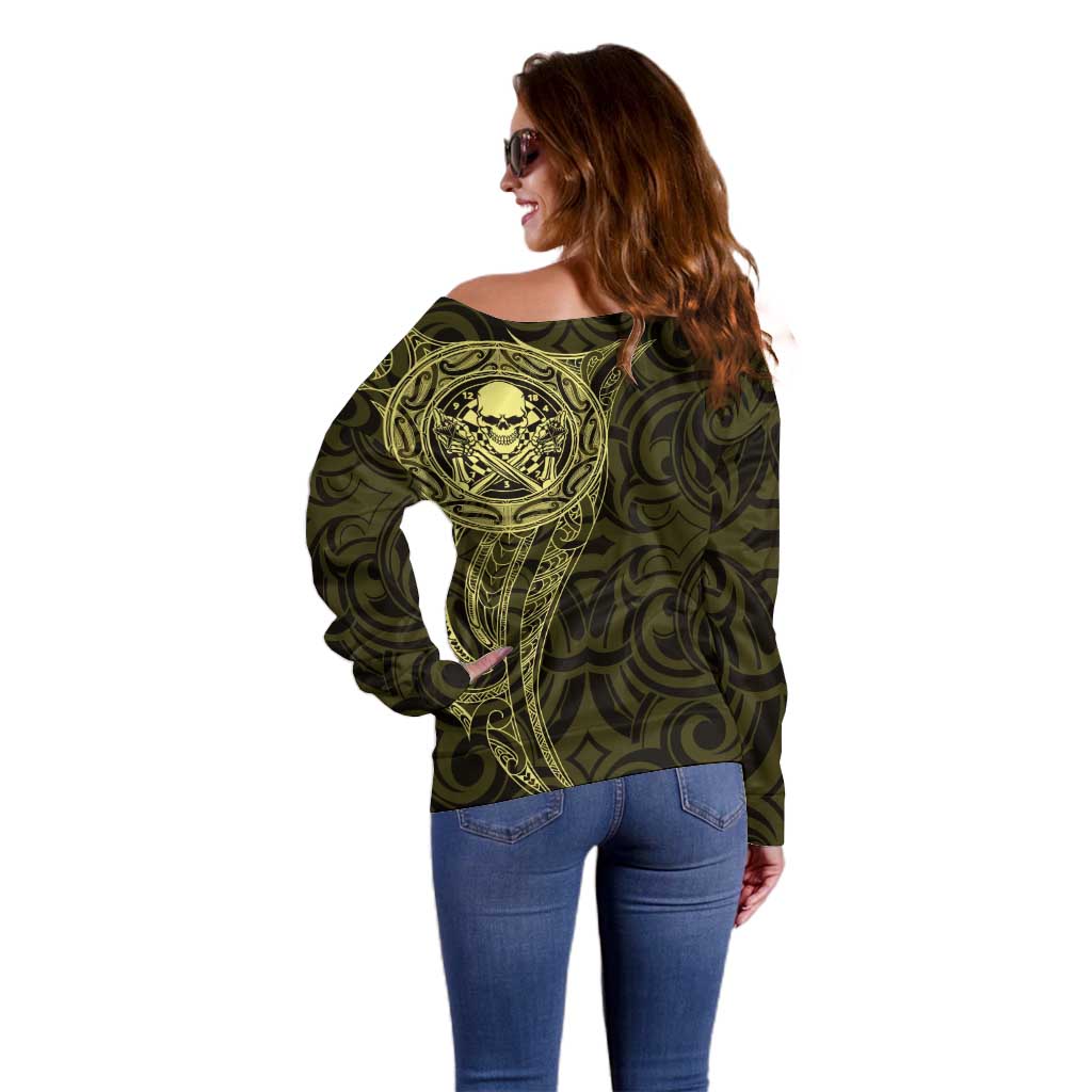 New Zealand Skull Darts Off Shoulder Sweater Aotearoa Maori Chest Tattoo Stylized Gold - Aussie Hoodie