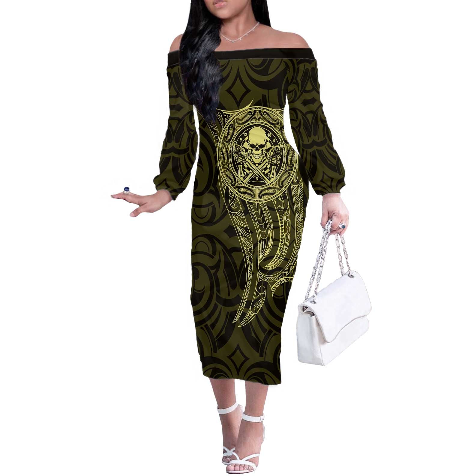 New Zealand Skull Darts Off The Shoulder Long Sleeve Dress Aotearoa Maori Chest Tattoo Stylized Gold - Aussie Hoodie