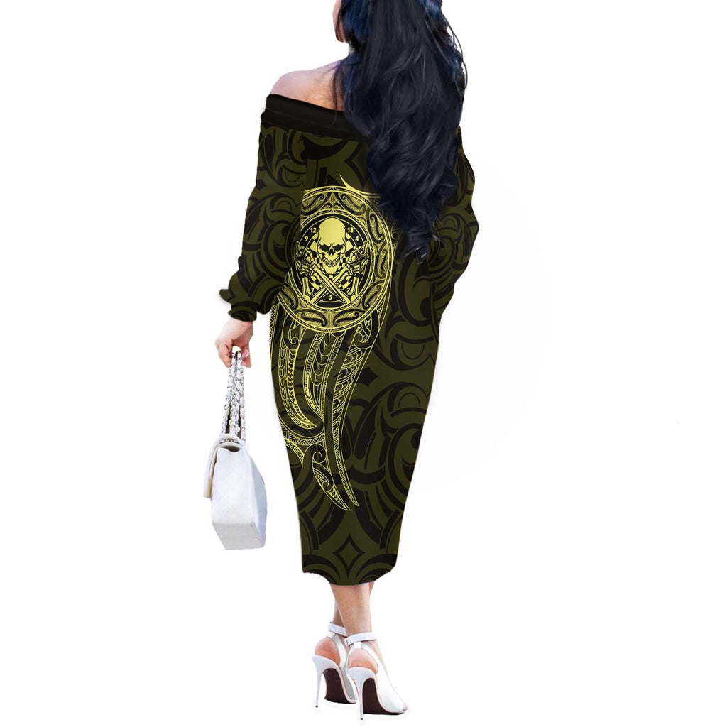 New Zealand Skull Darts Off The Shoulder Long Sleeve Dress Aotearoa Maori Chest Tattoo Stylized Gold - Aussie Hoodie