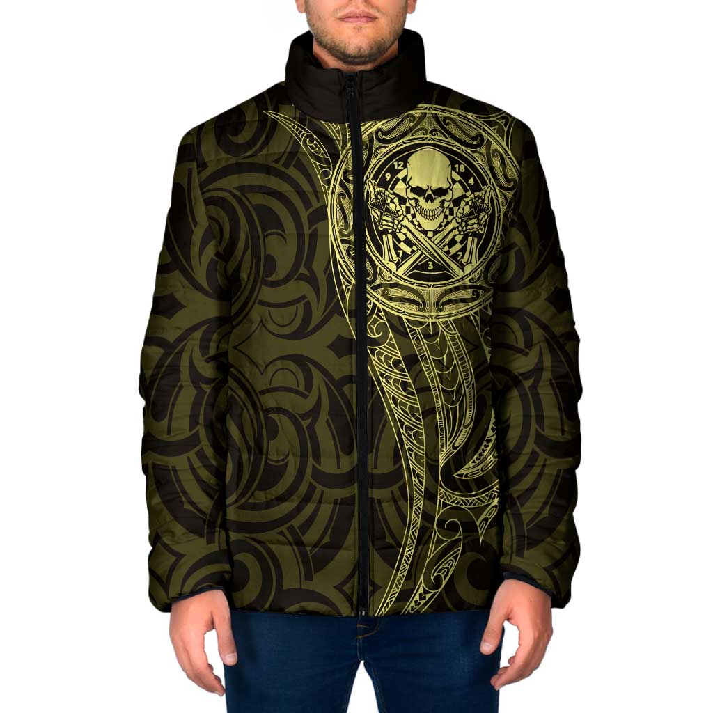 New Zealand Skull Darts Padded Jacket Aotearoa Maori Chest Tattoo Stylized Gold - Aussie Hoodie