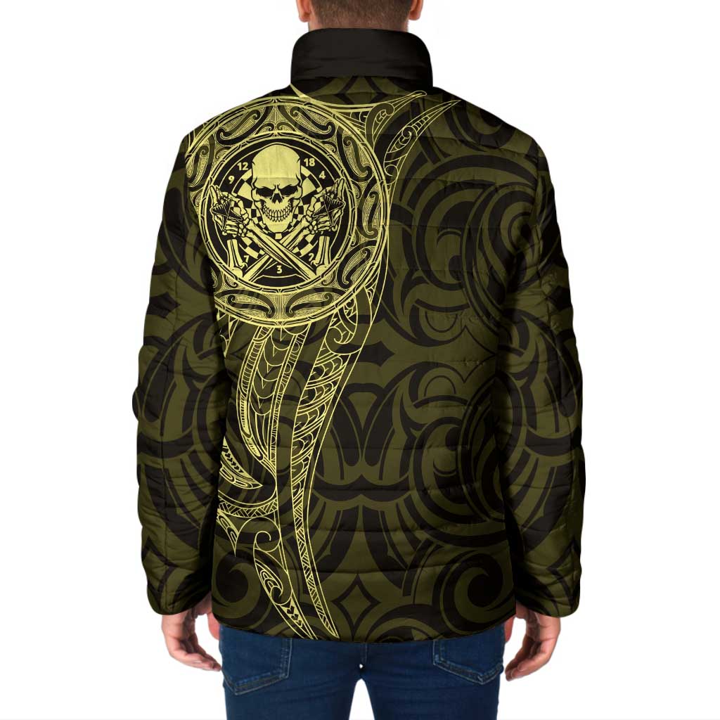 New Zealand Skull Darts Padded Jacket Aotearoa Maori Chest Tattoo Stylized Gold - Aussie Hoodie