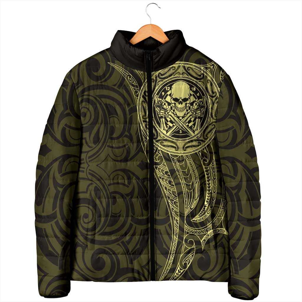 New Zealand Skull Darts Padded Jacket Aotearoa Maori Chest Tattoo Stylized Gold - Aussie Hoodie
