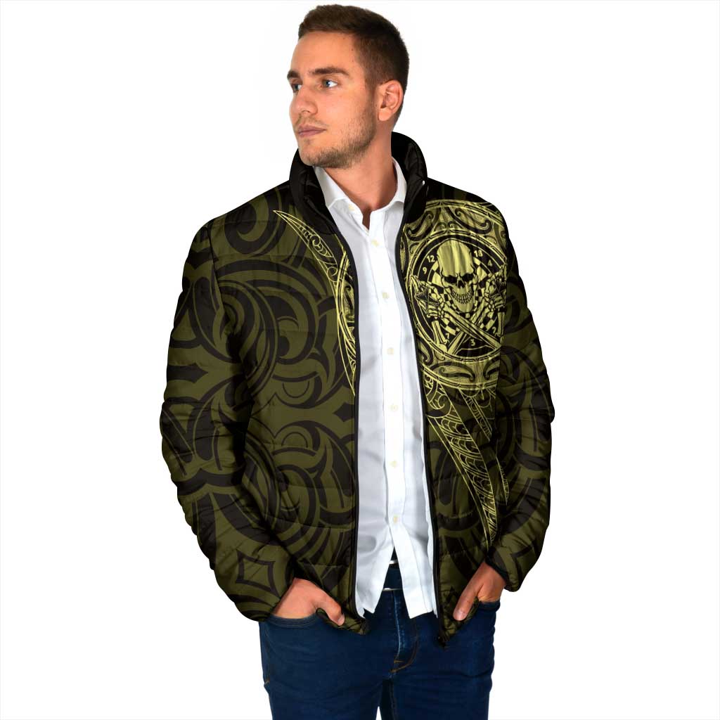 New Zealand Skull Darts Padded Jacket Aotearoa Maori Chest Tattoo Stylized Gold - Aussie Hoodie