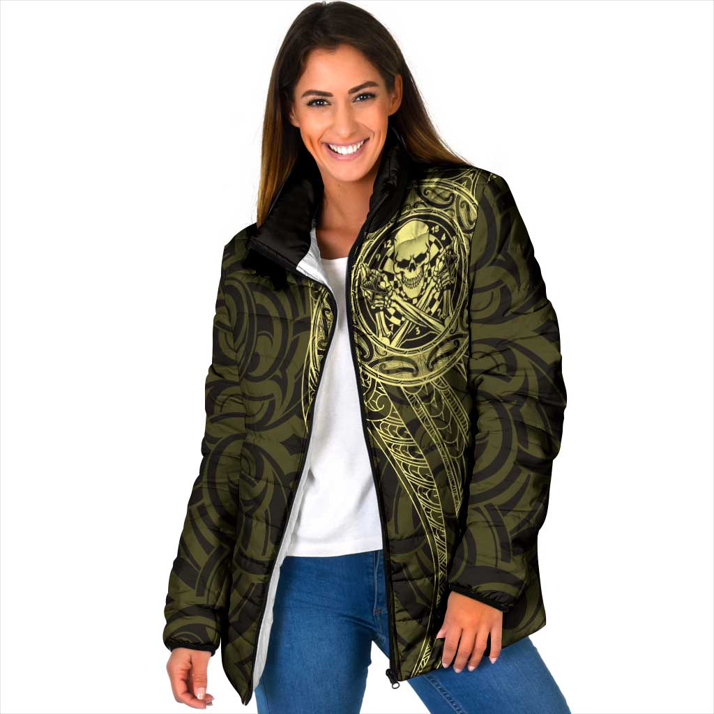 New Zealand Skull Darts Padded Jacket Aotearoa Maori Chest Tattoo Stylized Gold - Aussie Hoodie