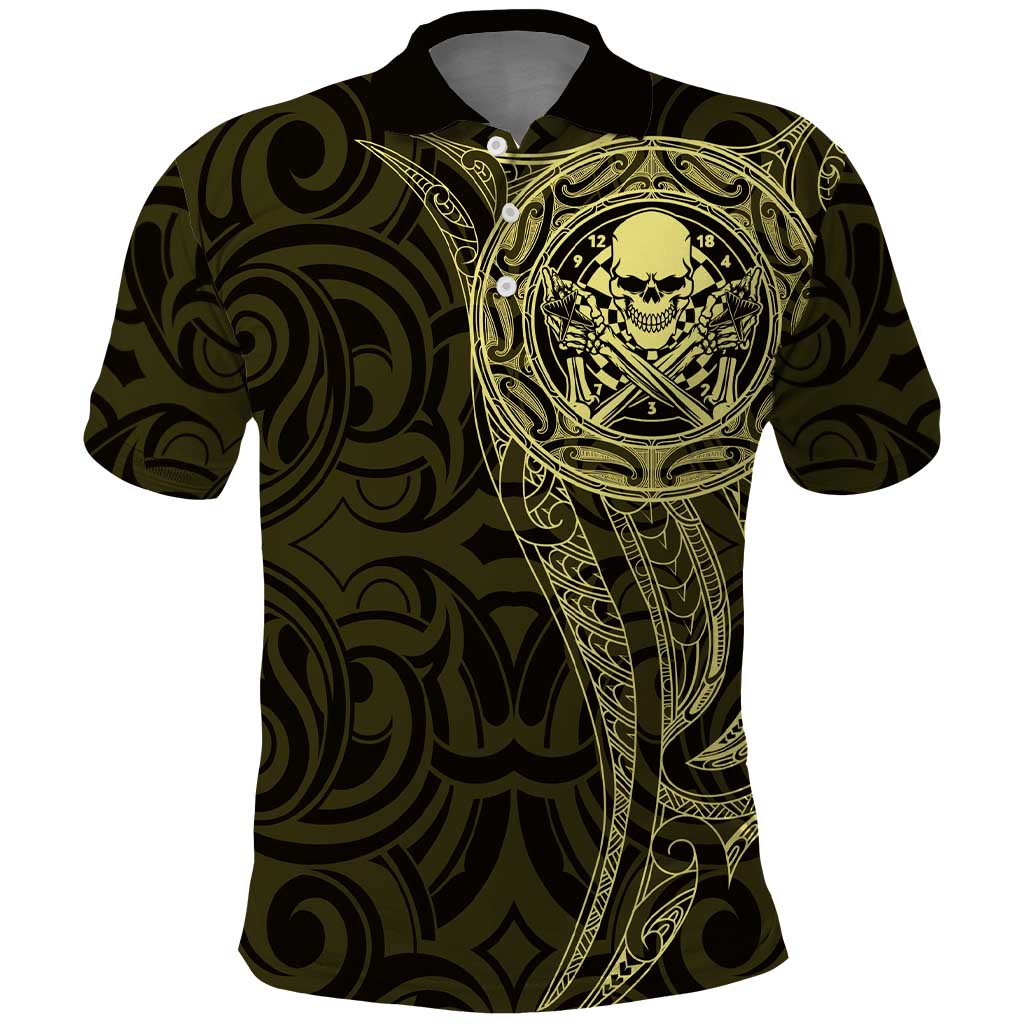 New Zealand Skull Darts Polo Shirt Aotearoa Maori Chest Tattoo Stylized Gold - Aussie Hoodie