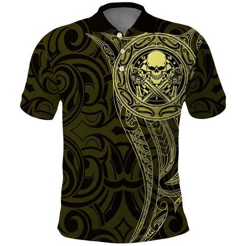 New Zealand Skull Darts Polo Shirt Aotearoa Maori Chest Tattoo Stylized Gold - Aussie Hoodie