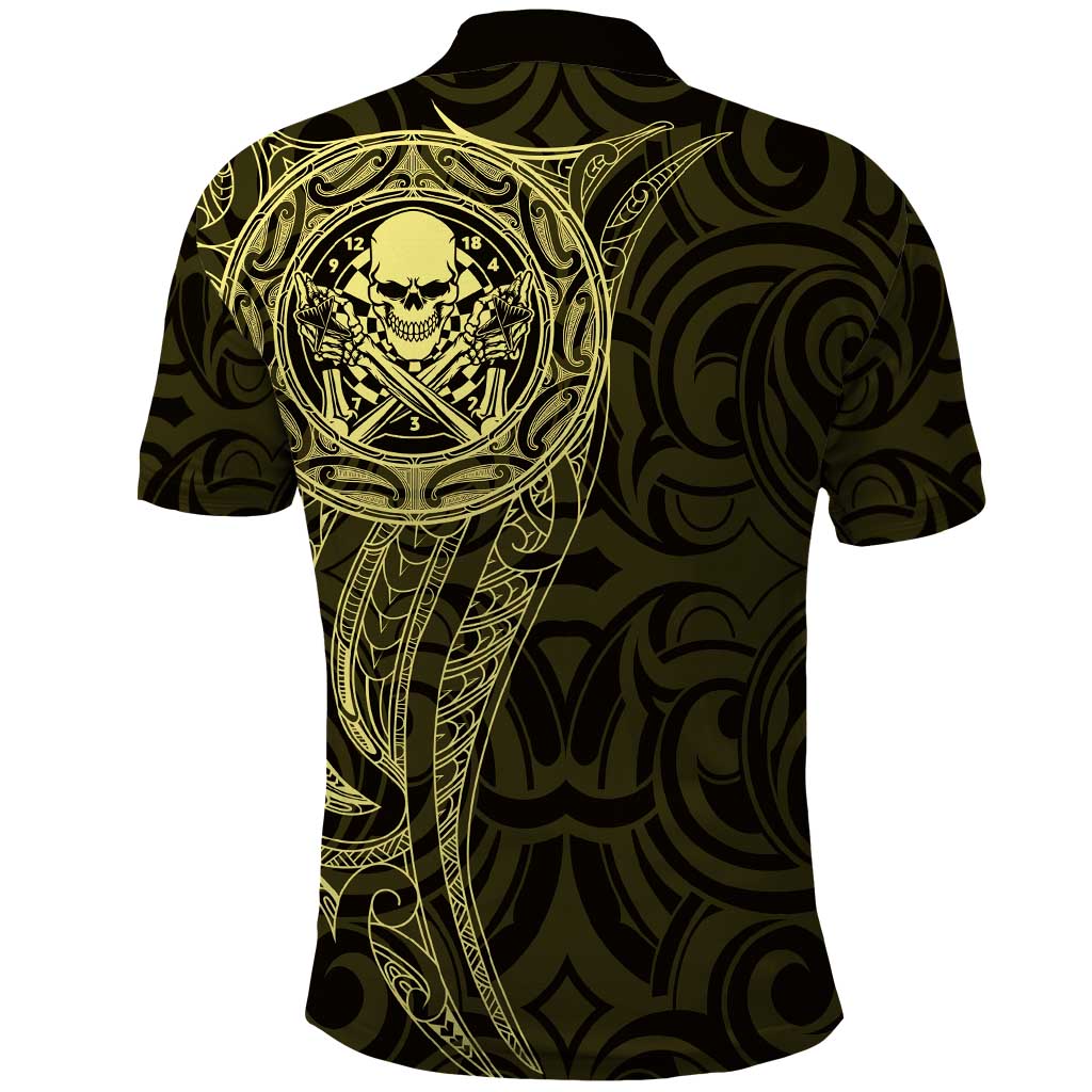 New Zealand Skull Darts Polo Shirt Aotearoa Maori Chest Tattoo Stylized Gold - Aussie Hoodie