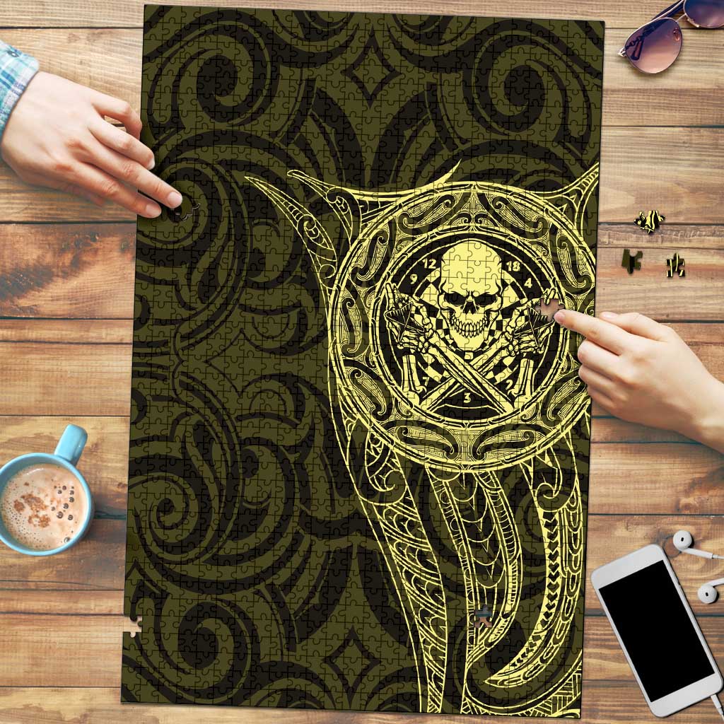 New Zealand Skull Darts Puzzle Aotearoa Maori Chest Tattoo Stylized Gold - Aussie Hoodie