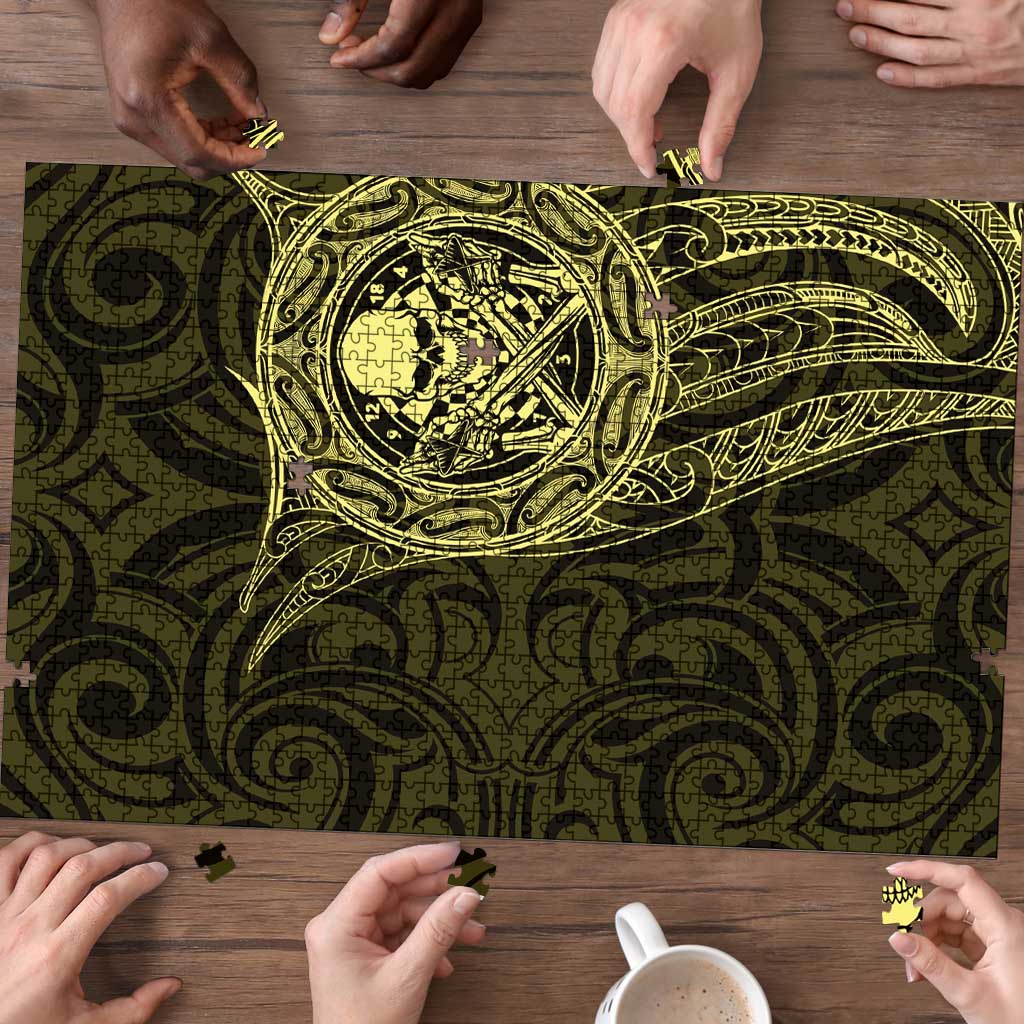 New Zealand Skull Darts Puzzle Aotearoa Maori Chest Tattoo Stylized Gold - Aussie Hoodie