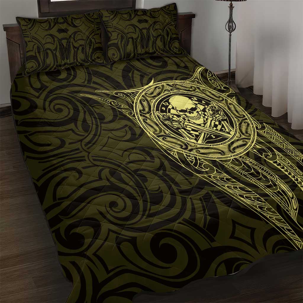 New Zealand Skull Darts Quilt Bed Set Aotearoa Maori Chest Tattoo Stylized Gold - Aussie Hoodie