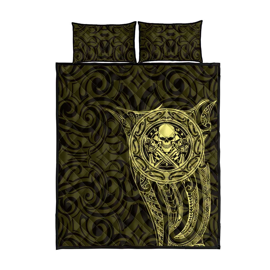 New Zealand Skull Darts Quilt Bed Set Aotearoa Maori Chest Tattoo Stylized Gold - Aussie Hoodie