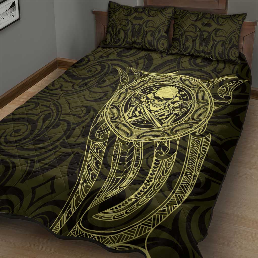 New Zealand Skull Darts Quilt Bed Set Aotearoa Maori Chest Tattoo Stylized Gold - Aussie Hoodie