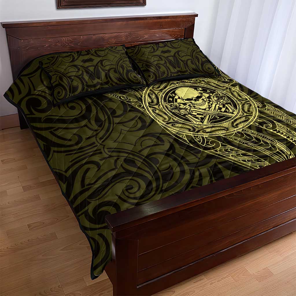 New Zealand Skull Darts Quilt Bed Set Aotearoa Maori Chest Tattoo Stylized Gold - Aussie Hoodie