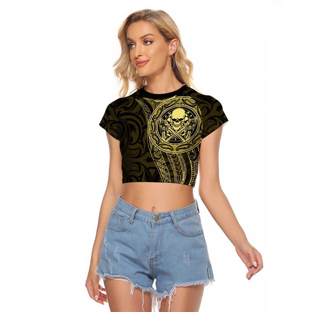 New Zealand Skull Darts Raglan Cropped T Shirt Aotearoa Maori Chest Tattoo Stylized Gold - Aussie Hoodie