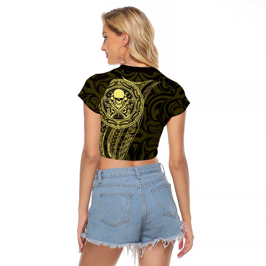 New Zealand Skull Darts Raglan Cropped T Shirt Aotearoa Maori Chest Tattoo Stylized Gold - Aussie Hoodie