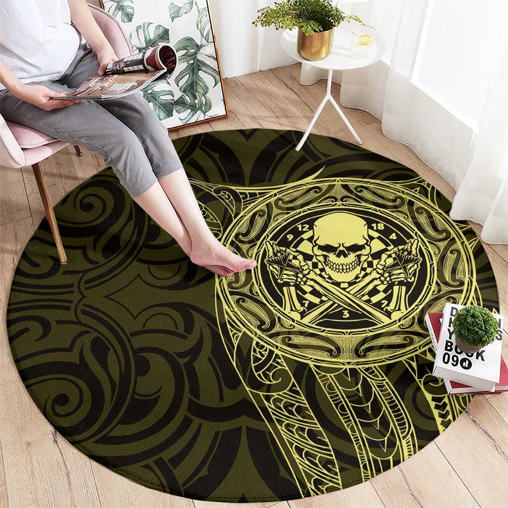 New Zealand Skull Darts Round Carpet Aotearoa Maori Chest Tattoo Stylized Gold - Aussie Hoodie