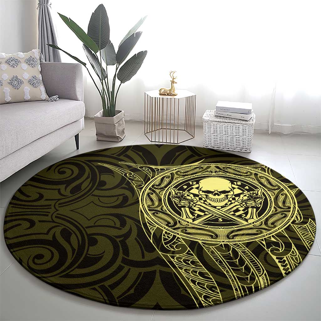 New Zealand Skull Darts Round Carpet Aotearoa Maori Chest Tattoo Stylized Gold - Aussie Hoodie
