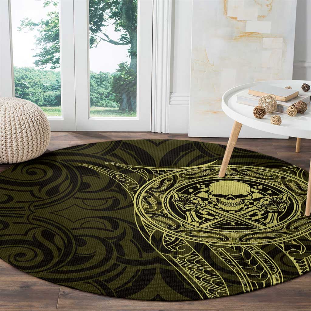 New Zealand Skull Darts Round Carpet Aotearoa Maori Chest Tattoo Stylized Gold - Aussie Hoodie