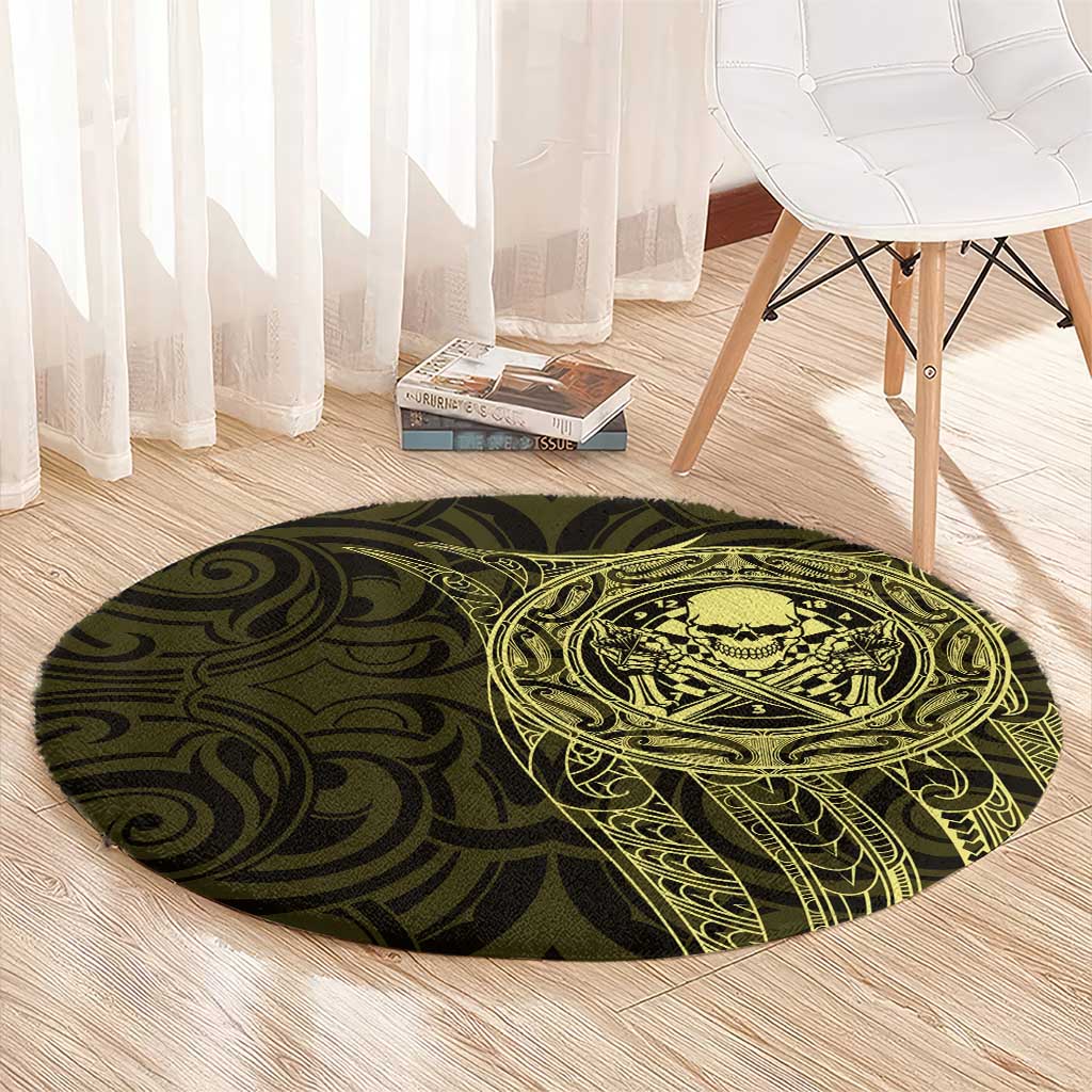 New Zealand Skull Darts Round Carpet Aotearoa Maori Chest Tattoo Stylized Gold - Aussie Hoodie