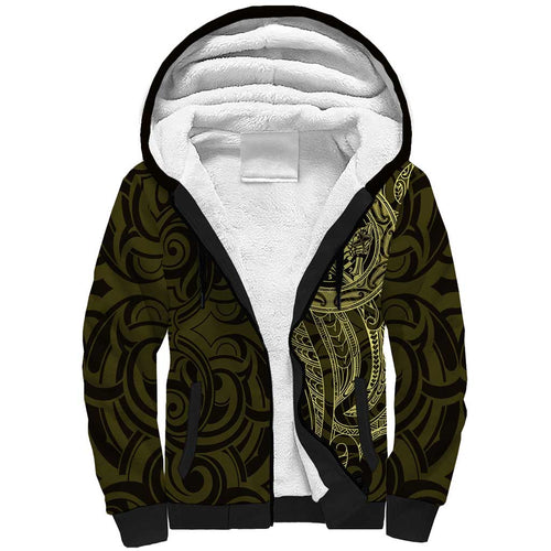 New Zealand Skull Darts Sherpa Hoodie Aotearoa Maori Chest Tattoo Stylized Gold - Aussie Hoodie