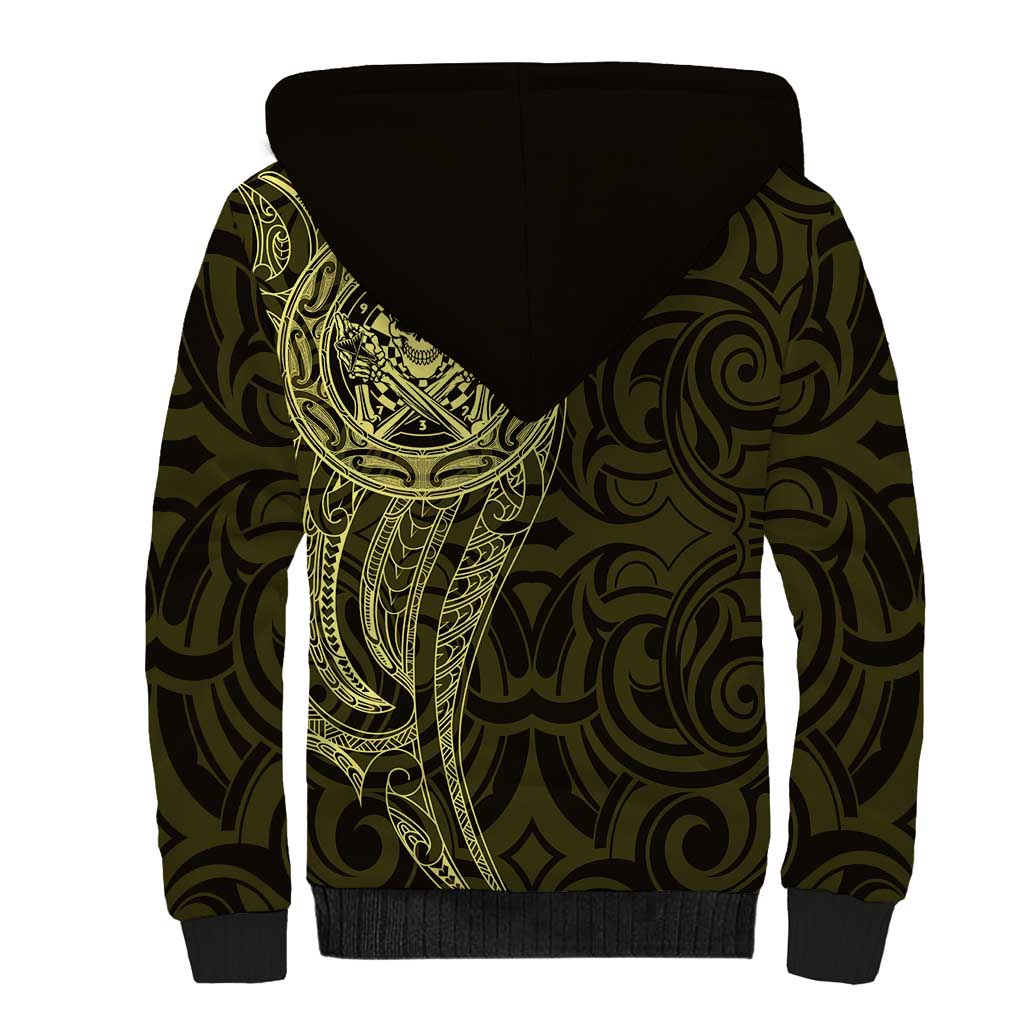 New Zealand Skull Darts Sherpa Hoodie Aotearoa Maori Chest Tattoo Stylized Gold - Aussie Hoodie