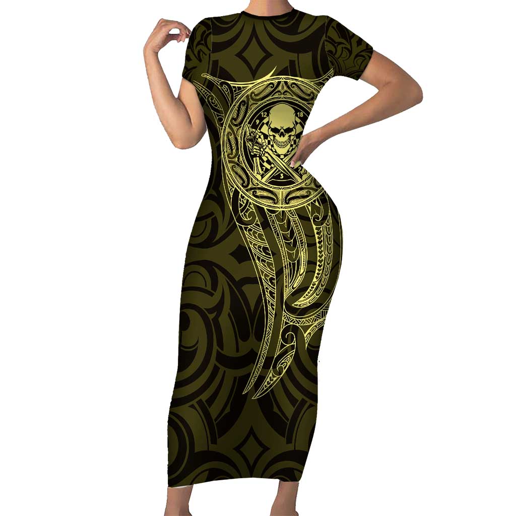 New Zealand Skull Darts Short Sleeve Bodycon Dress Aotearoa Maori Chest Tattoo Stylized Gold - Aussie Hoodie