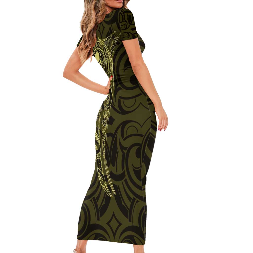 New Zealand Skull Darts Short Sleeve Bodycon Dress Aotearoa Maori Chest Tattoo Stylized Gold - Aussie Hoodie