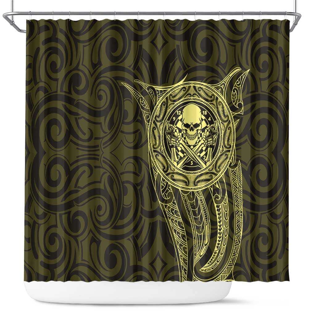 New Zealand Skull Darts Shower Curtain Aotearoa Maori Chest Tattoo Stylized Gold - Aussie Hoodie
