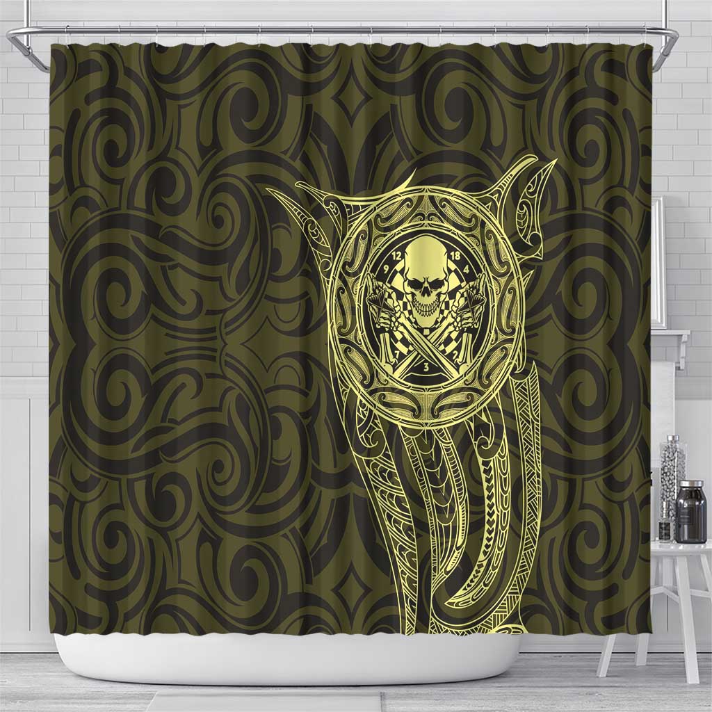 New Zealand Skull Darts Shower Curtain Aotearoa Maori Chest Tattoo Stylized Gold - Aussie Hoodie
