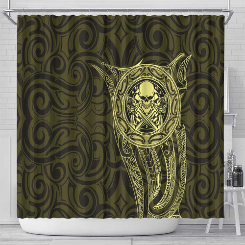 New Zealand Skull Darts Shower Curtain Aotearoa Maori Chest Tattoo Stylized Gold - Aussie Hoodie