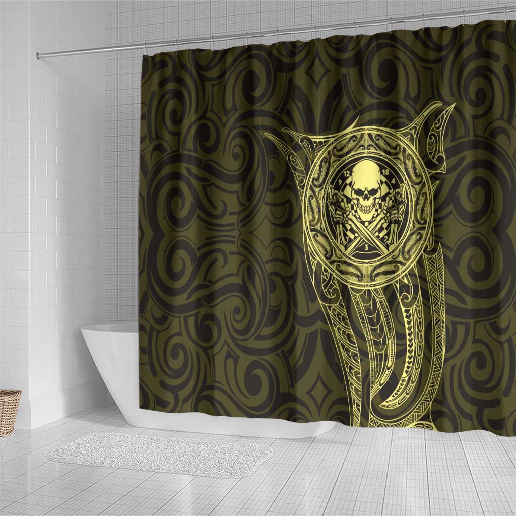 New Zealand Skull Darts Shower Curtain Aotearoa Maori Chest Tattoo Stylized Gold - Aussie Hoodie
